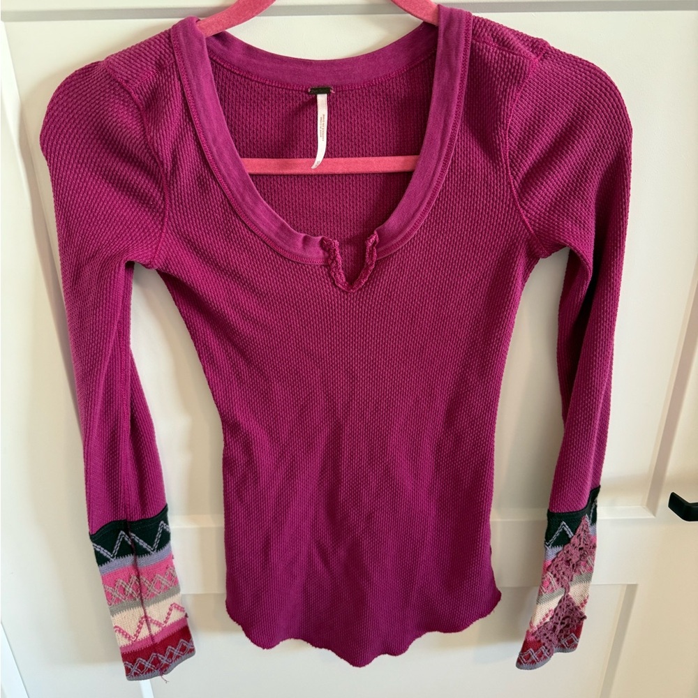 Free People Pink Thermal Long Sleeve Top XS Boho Sleeve Detail Waffle Knit